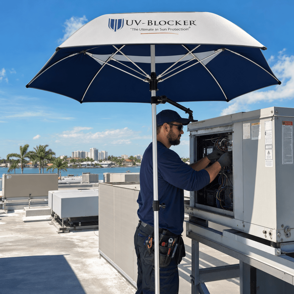 UV-Blocker ServiceShield silver reflective canopy umbrella on Florida rooftop, HVAC tech working on RTU