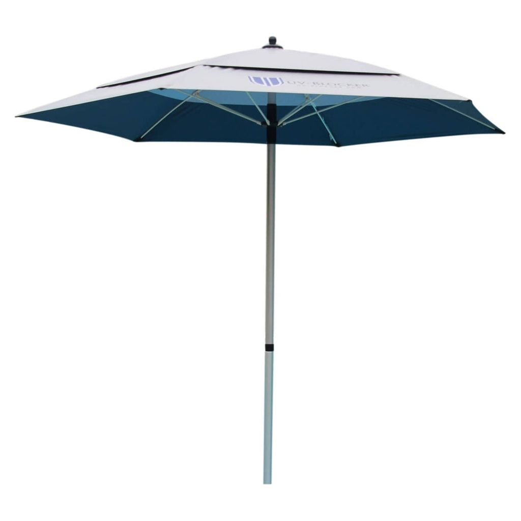 UV-Blocker 7.5ft large beach UV umbrella, silver top with navy underside, shown open