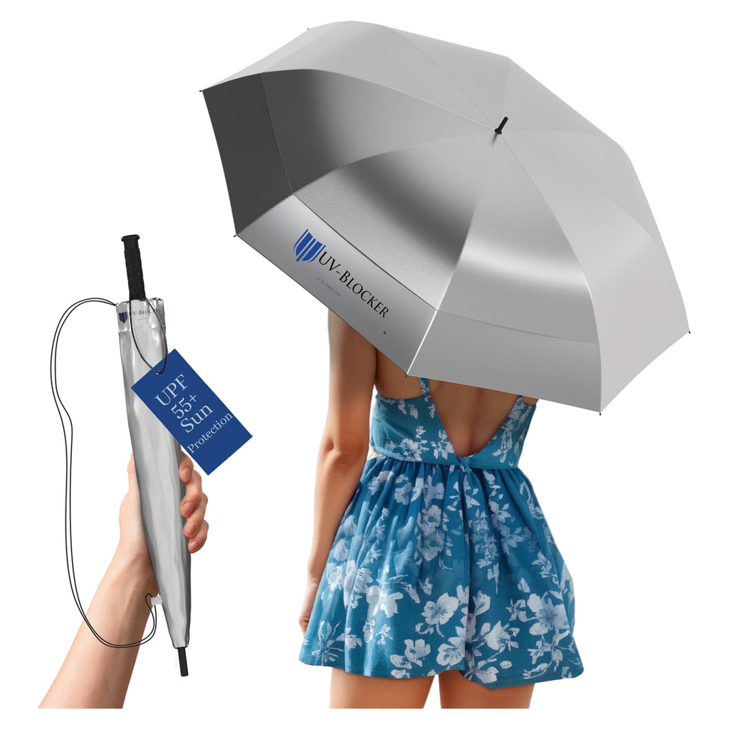 UV-Blocker 62-inch golf UV umbrella, silver canopy with navy underside, shown open and closed