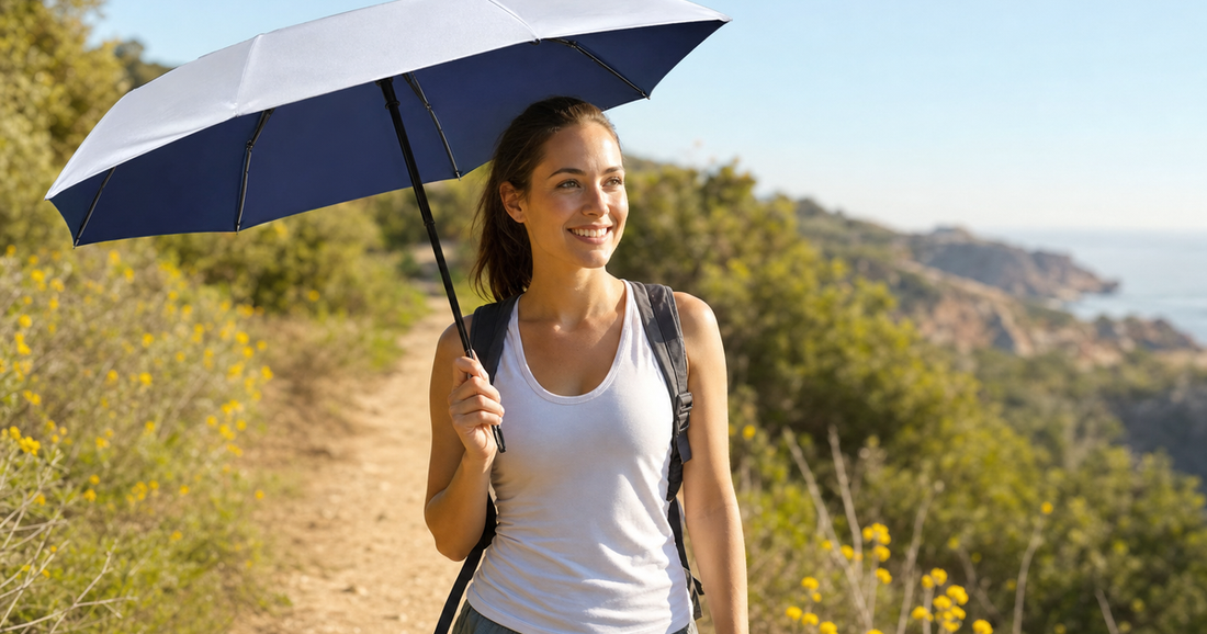 UV-Blocker compact personal sun umbrella in use outdoors — UV Umbrella vs Regular Umbrella