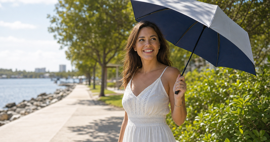 UV-Blocker compact personal sun umbrella in use outdoors — Can You Get Sunburn Under An Umbrella?