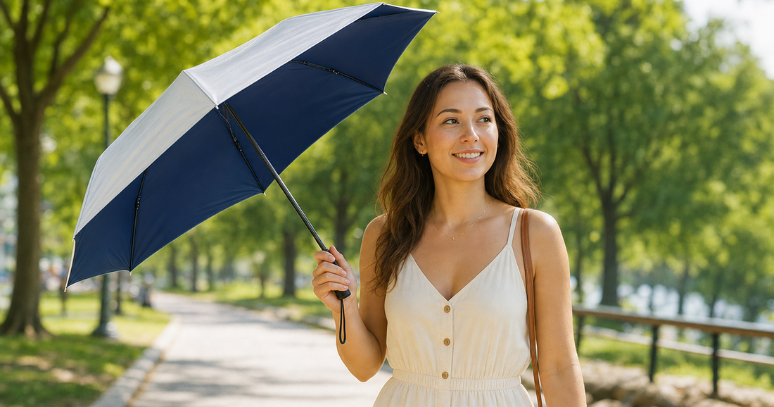 UV-Blocker compact personal sun umbrella in use outdoors — How to Anchor Beach Umbrella