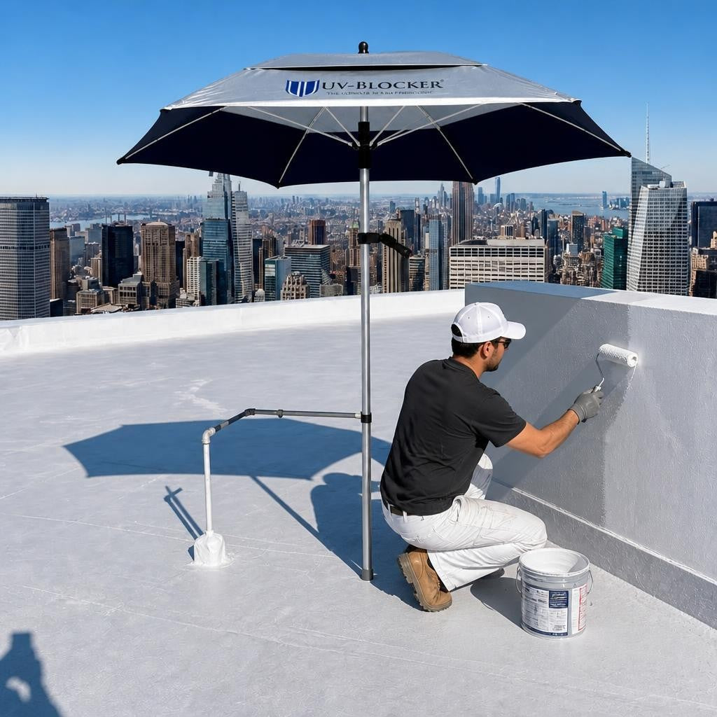 UV-Blocker ServiceShield umbrella shading a painter rolling paint on a rooftop wall high above a city skyline — occupational sun protection for painting contractors