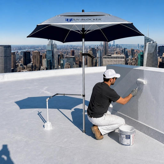 UV-Blocker ServiceShield umbrella shading a painter rolling paint on a rooftop wall high above a city skyline — occupational sun protection for painting contractors