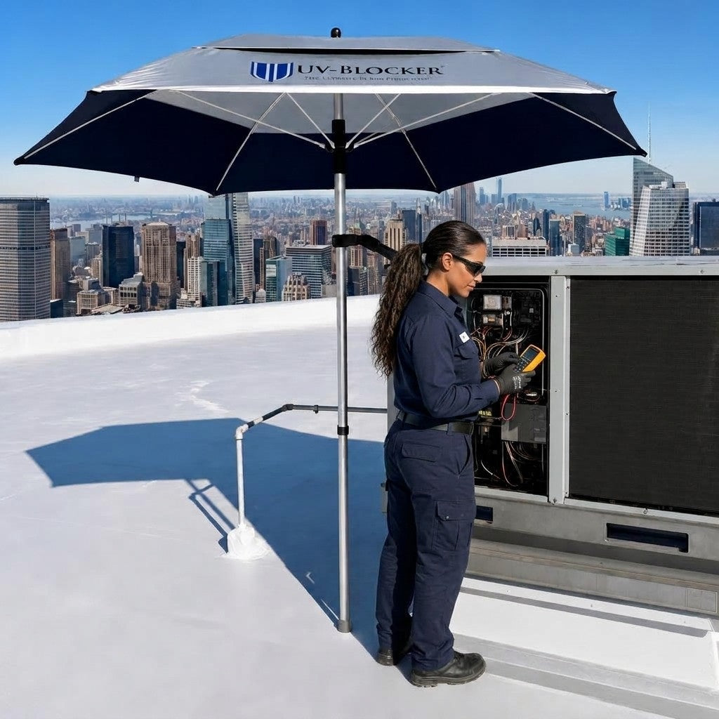 HVAC technician servicing a rooftop unit shaded by a UV-Blocker ServiceShield umbrella high above a city skyline — occupational sun and heat protection for HVAC and roofing contractors