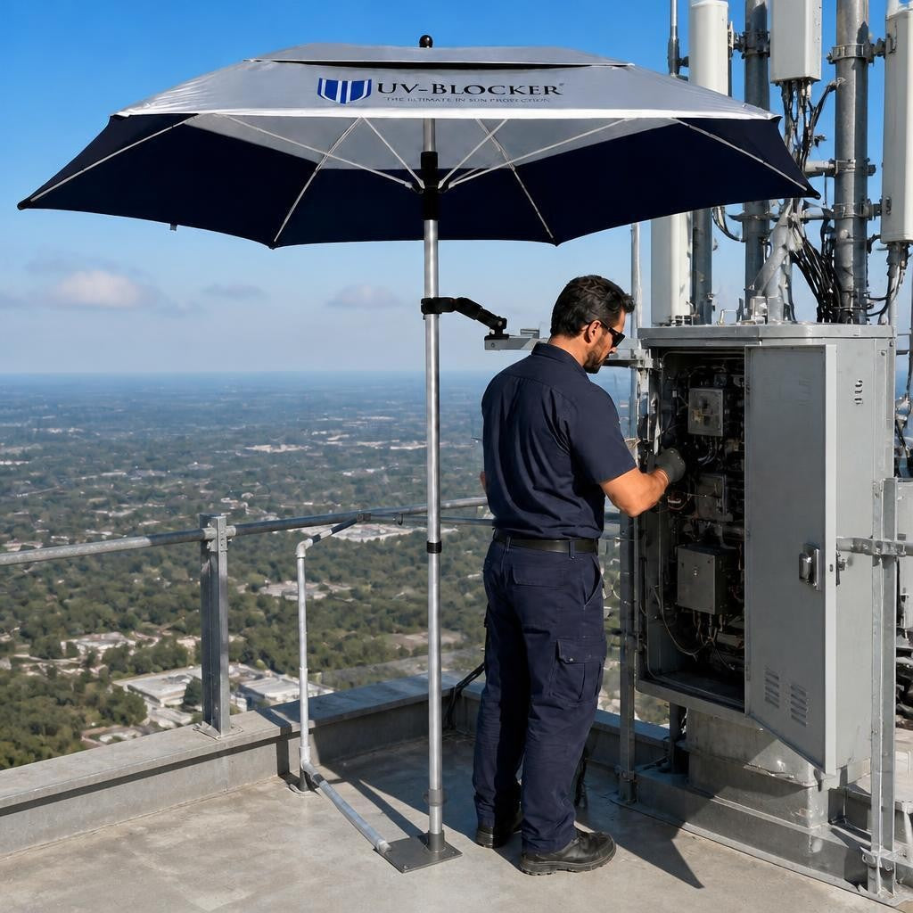 Technician servicing a cell tower equipment cabinet high above a city, shaded by a UV-Blocker umbrella clamp-mounted to the tower structure — occupational sun protection for elevated construction and tower work