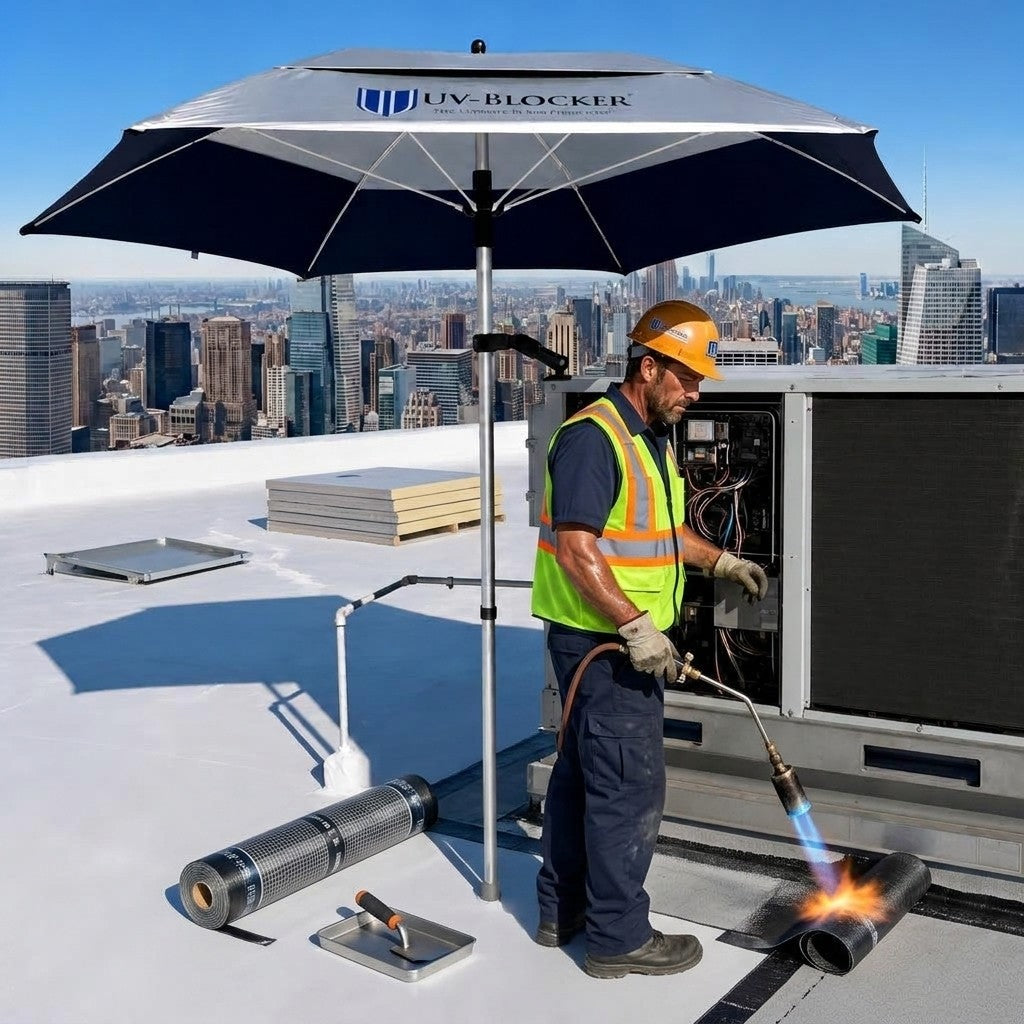 HVAC rooftop worker in a hard hat and safety vest servicing a rooftop unit, shaded by a UV-Blocker umbrella magnetic base with a city skyline in the background — hands-free rooftop shade for HVAC workers