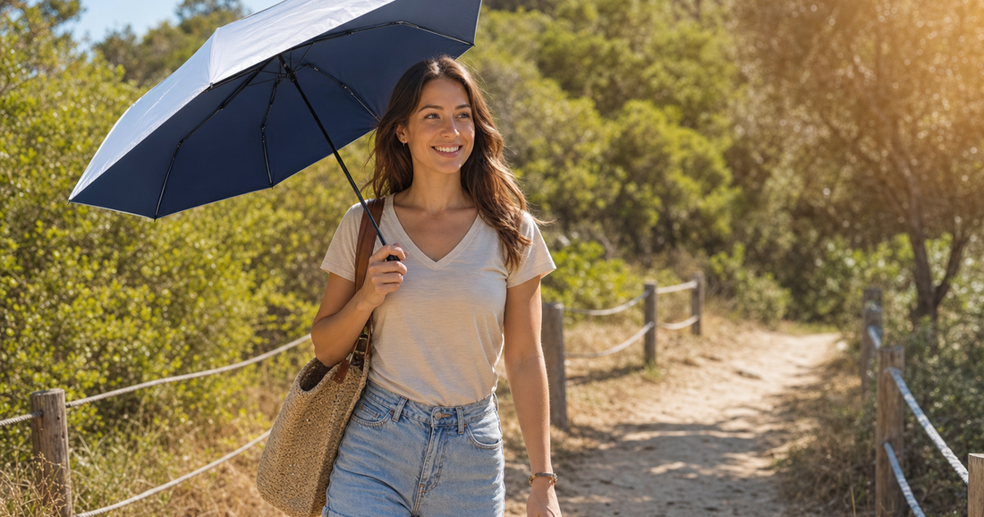 UV-Blocker compact personal sun umbrella in use outdoors — UPF 50 vs UPF 30