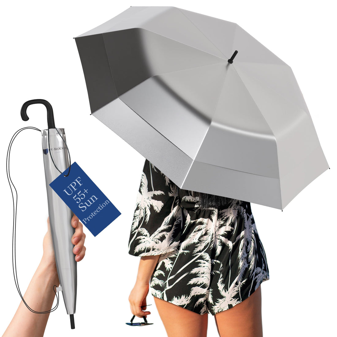 Fashion UV Umbrella, a crook-handle walking-stick parasol with a silver UPF 50+ canopy