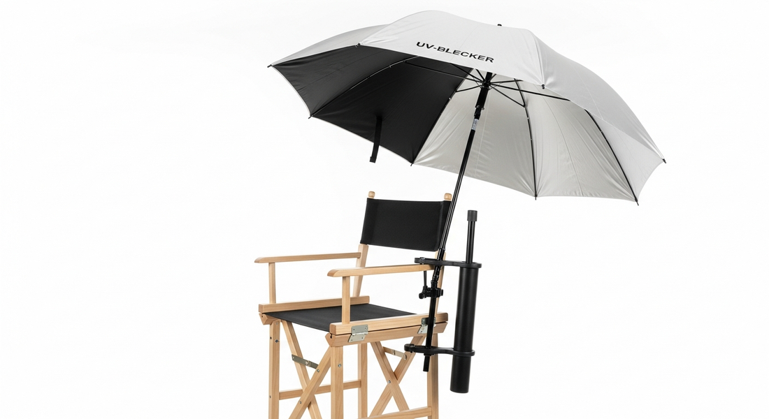 UV-Blocker Chair Umbrella Holder mounted on director's chair — silver UV umbrella overhead