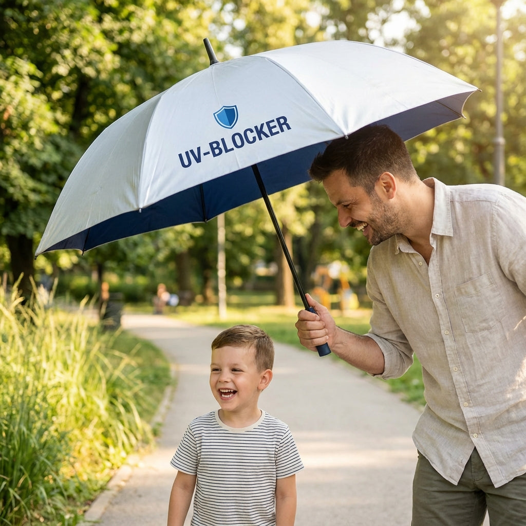 Father providing sun protection for young son with UV-Blocker UPF 55+ umbrella in sunny park demonstrating family sun safety