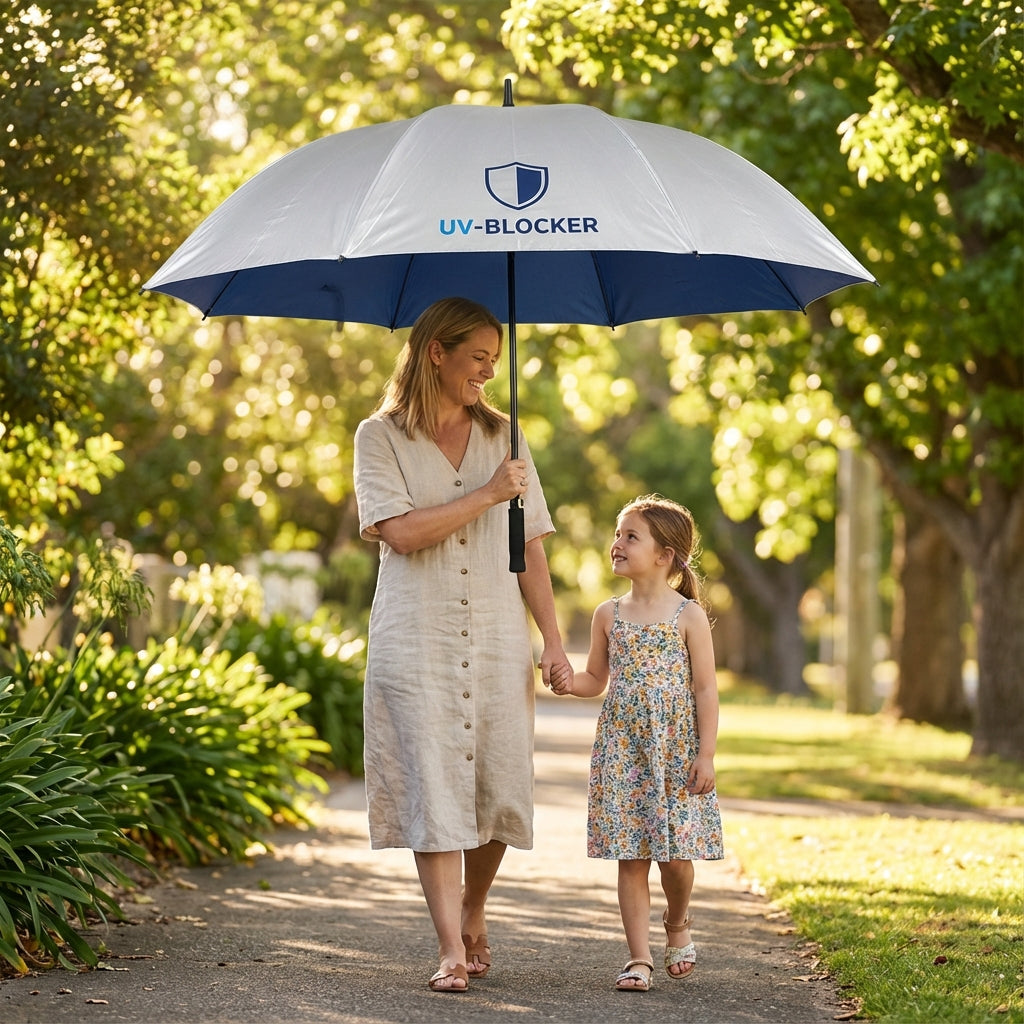 Mother and daughter walking under UV-Blocker sun protection umbrella with reflective silver UPF 55+ canopy providing cool shade on sunny day