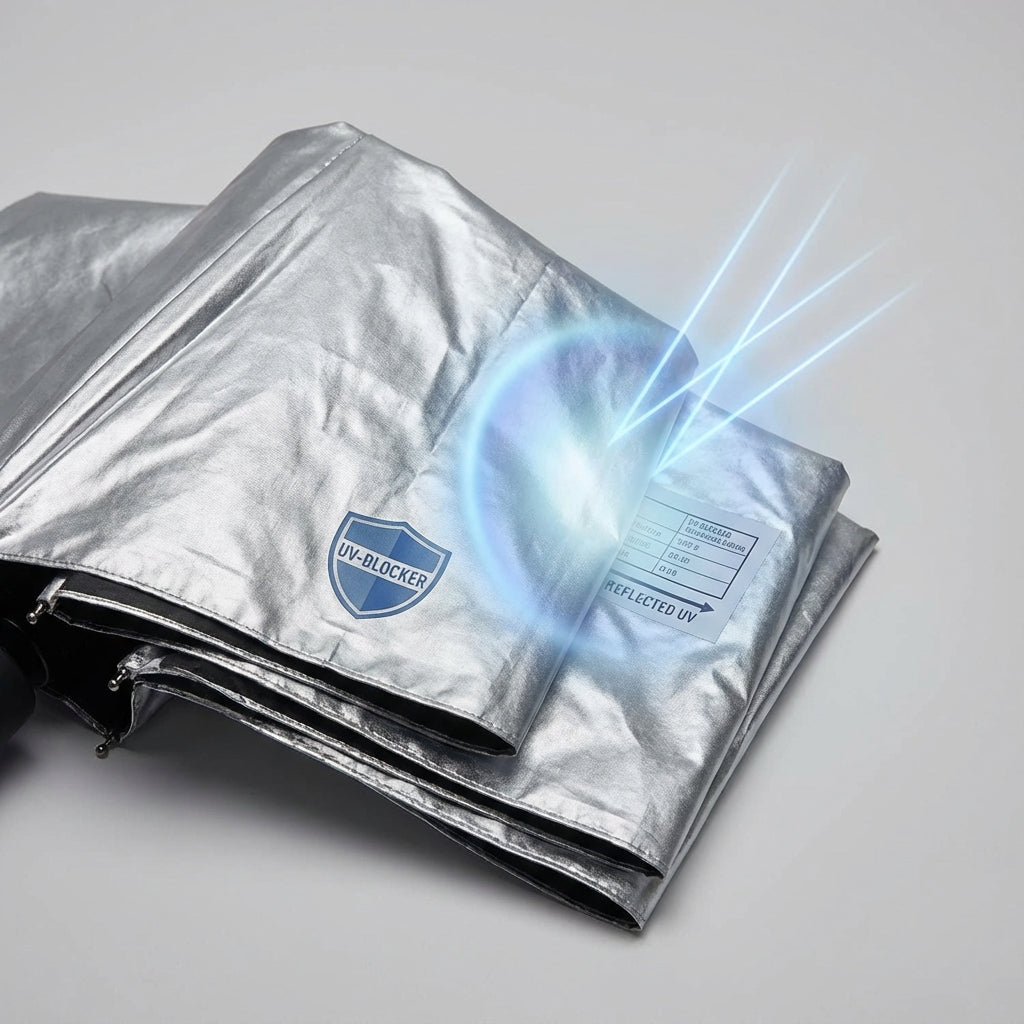 Close-up of UV-Blocker Solarteck fabric showing silver reflective exterior and UV rays being blocked