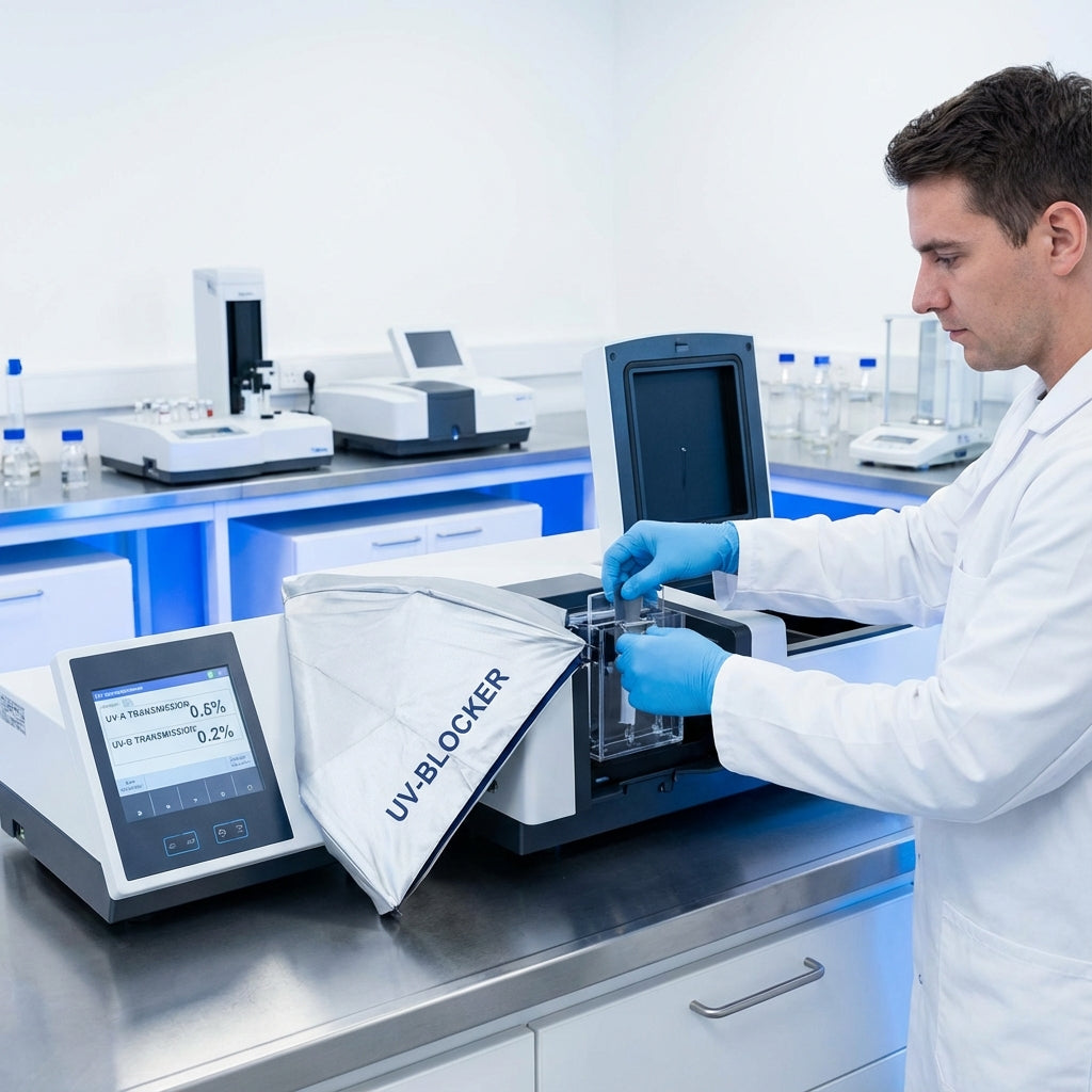 Laboratory testing equipment for UV protection verification showing UV-Blocker umbrella fabric analysis