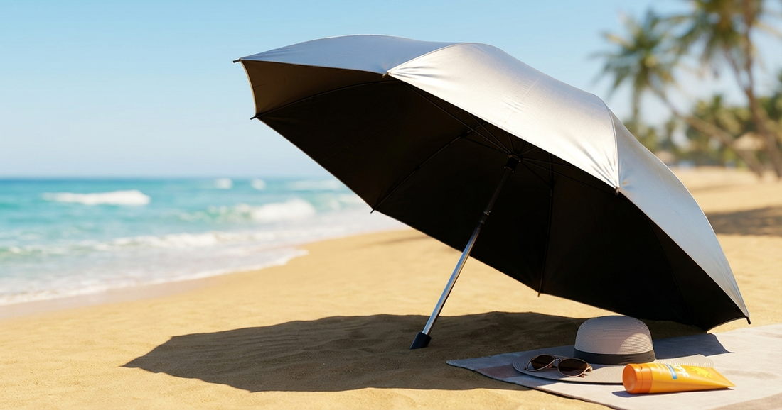What Color Umbrella Is Best For Sun Protection - silver reflective UV-Blocker umbrella on a sunny beach