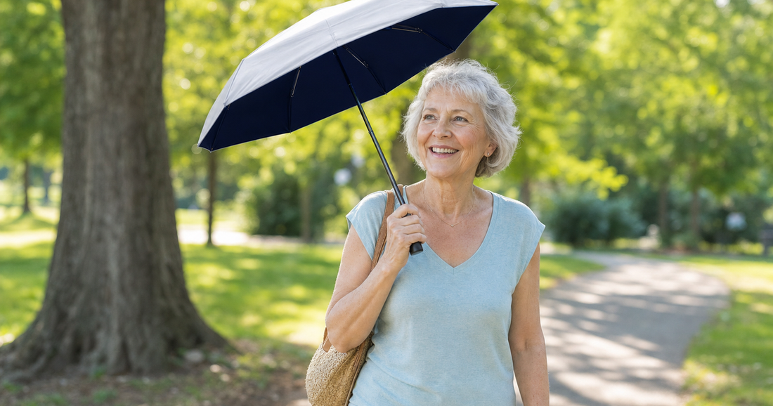 UV-Blocker amiodarone sun sensitivity cardiac patient using UPF 50+ compact umbrella for UV protection during outdoor walk