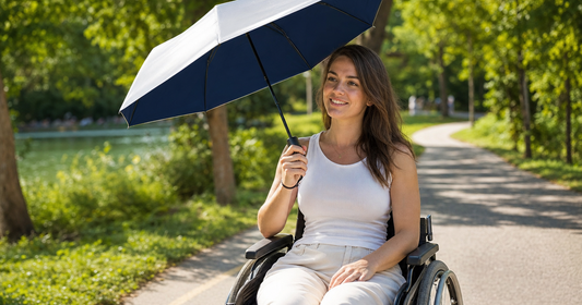 UV-Blocker sun protection wheelchair users mounted UPF 50+ umbrella on wheelchair frame in sunny park