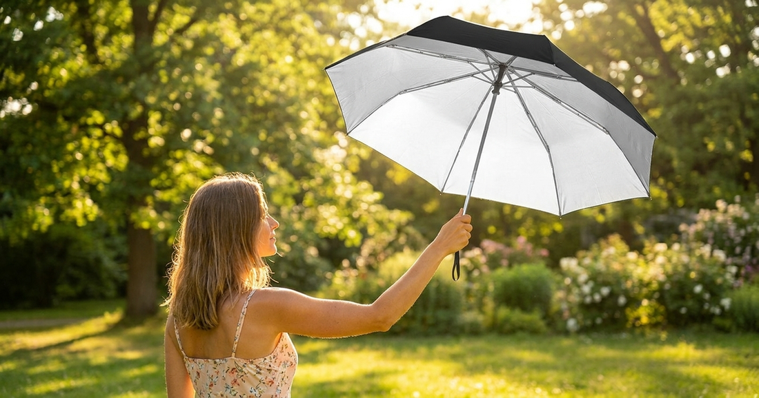 UV-Blocker photoaging prevention — woman holding UV umbrella outdoors in sunlight