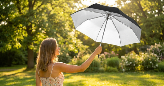 UV-Blocker photoaging prevention — woman holding UV umbrella outdoors in sunlight