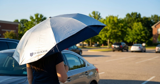 UV-Blocker sun protection while driving - compact UV umbrella with silver canopy held overhead in parking lot