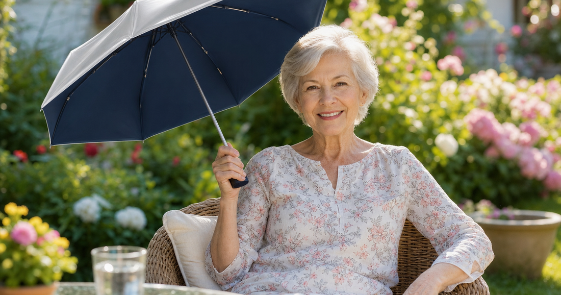 UV-Blocker sun protection for seniors — elderly person with UPF 50+ compact umbrella on a sunny day