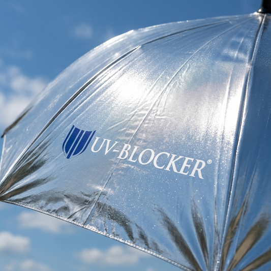 UV-Blocker silver stadium umbrella with blue sky background