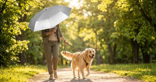 Person walking a golden retriever on a sunny park path with a compact silver UV-Blocker umbrella, demonstrating sun protection during dog walking
