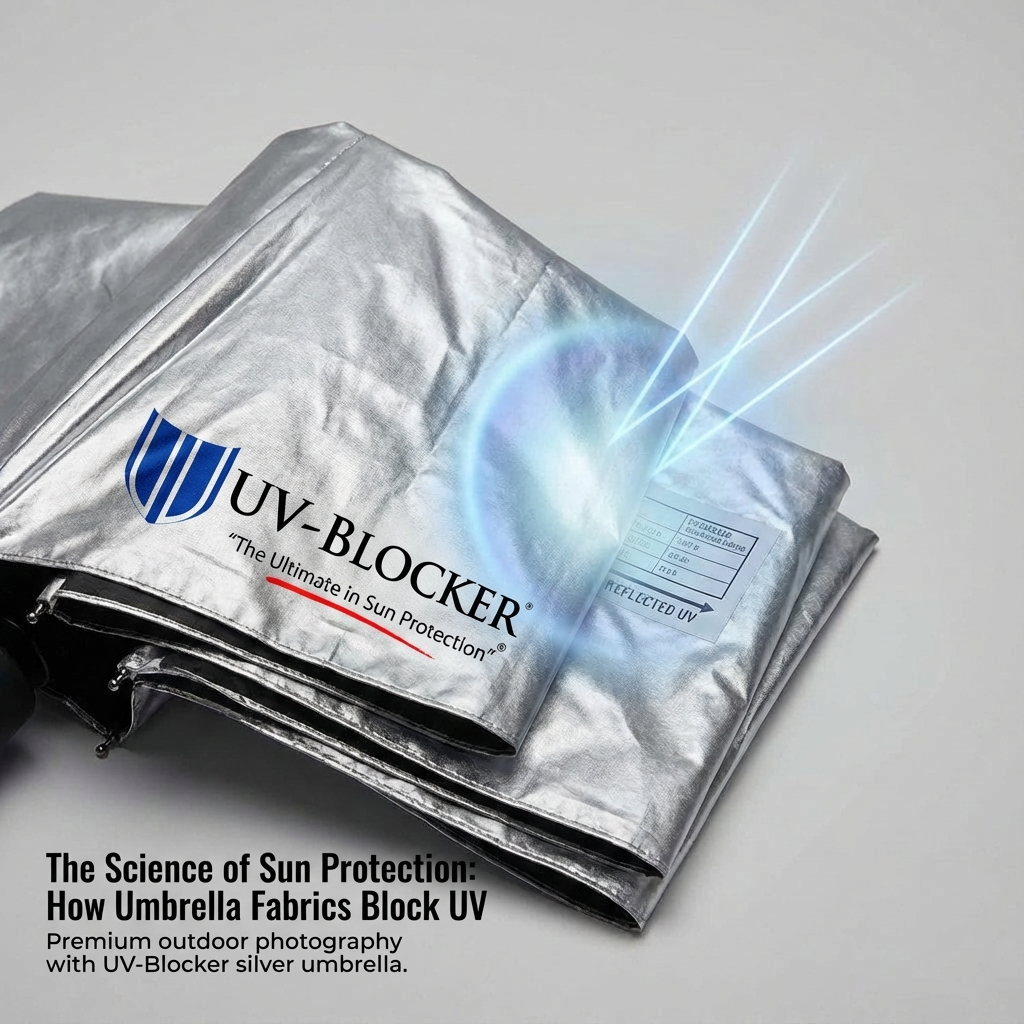 Close-up of UV-Blocker Solarteck fabric showing silver reflective exterior and UV rays being blocked
