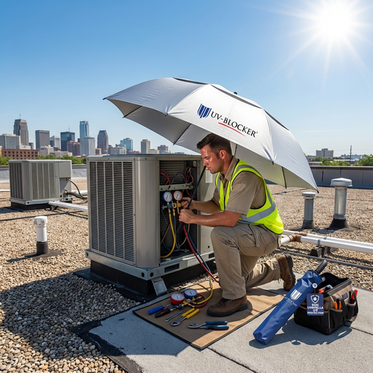 Portable shade for contractors - HVAC technician using UV umbrella on rooftop