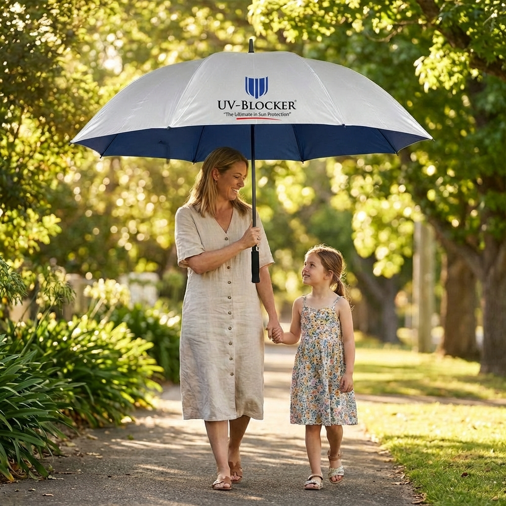 Mother and daughter walking under UV-Blocker sun protection umbrella with UV-BLOCKER logo and reflective silver UPF 55+ canopy providing cool shade on sunny day