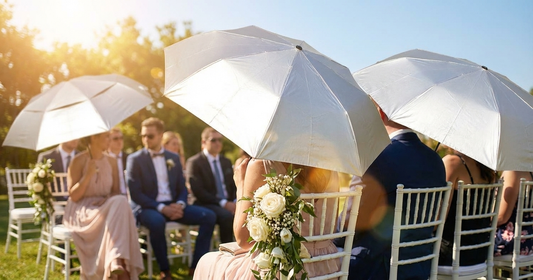 Wedding guests using silver UV-Blocker sun protection umbrellas at outdoor ceremony
