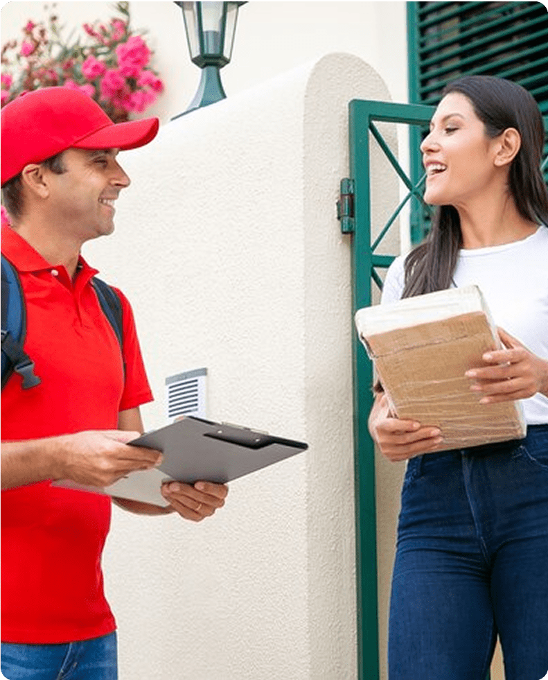 Delivery person handing package to customer, June 16, 2025