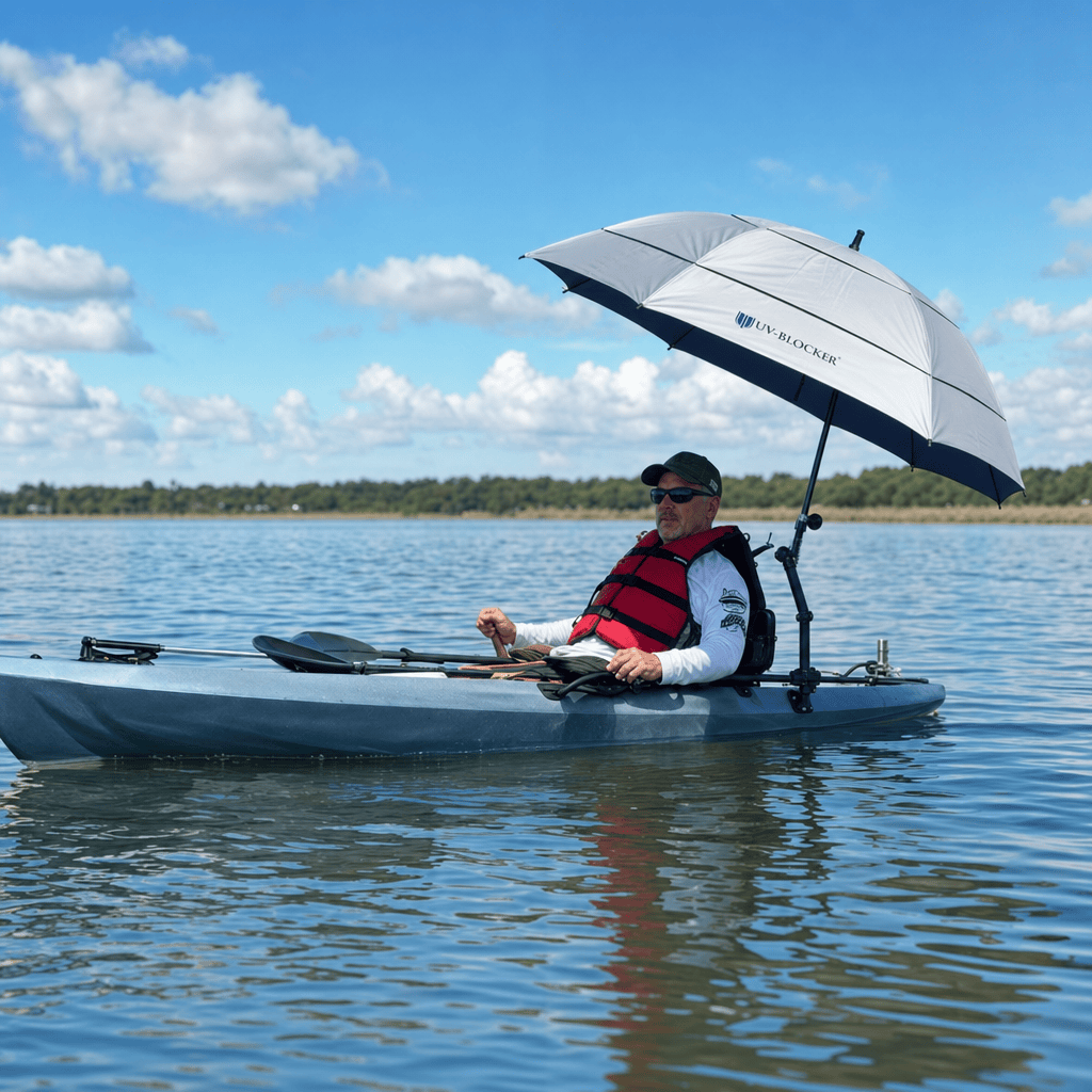 UV-Blocker Kayak Umbrella Holder Kit — compact silver umbrella mounted on kayak for hands-free sun protection on the water