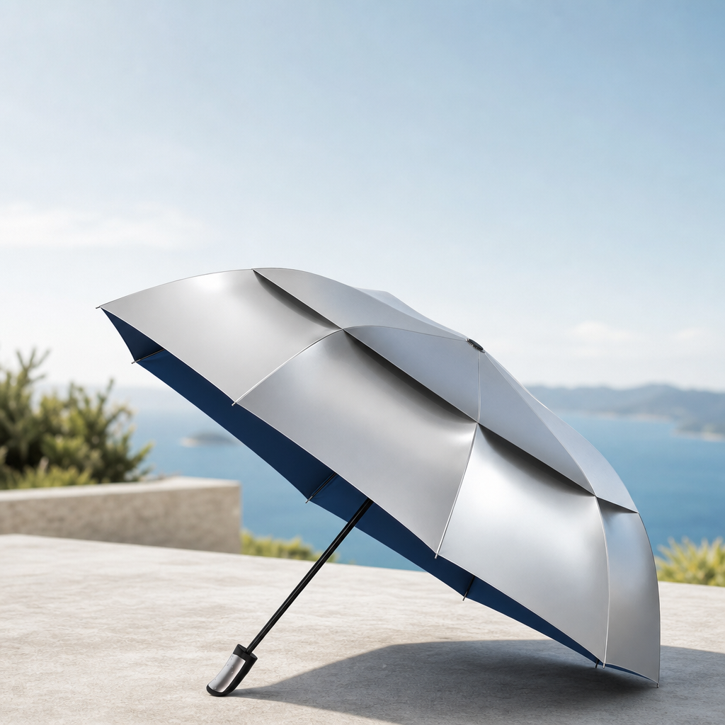 UV-Blocker folding UV umbrella, silver canopy with navy underside